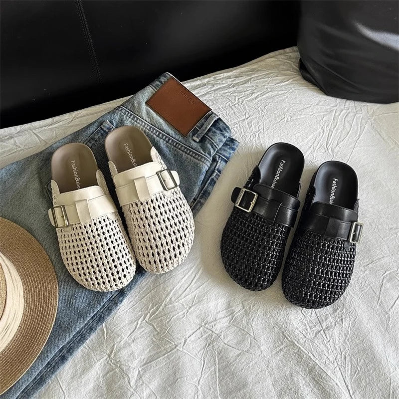 Mesh Platform High Heels Weave Women Slippers Hollow Sandals Mules Casual Shoes Woman 2025 Summer Fad Beach Loafers Slides Dress