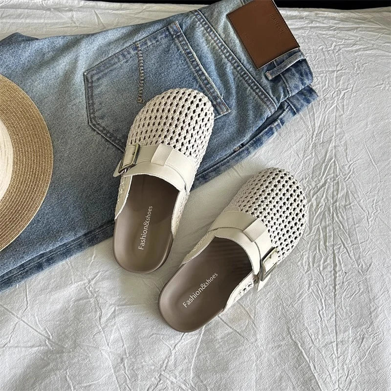 Mesh Platform High Heels Weave Women Slippers Hollow Sandals Mules Casual Shoes Woman 2025 Summer Fad Beach Loafers Slides Dress